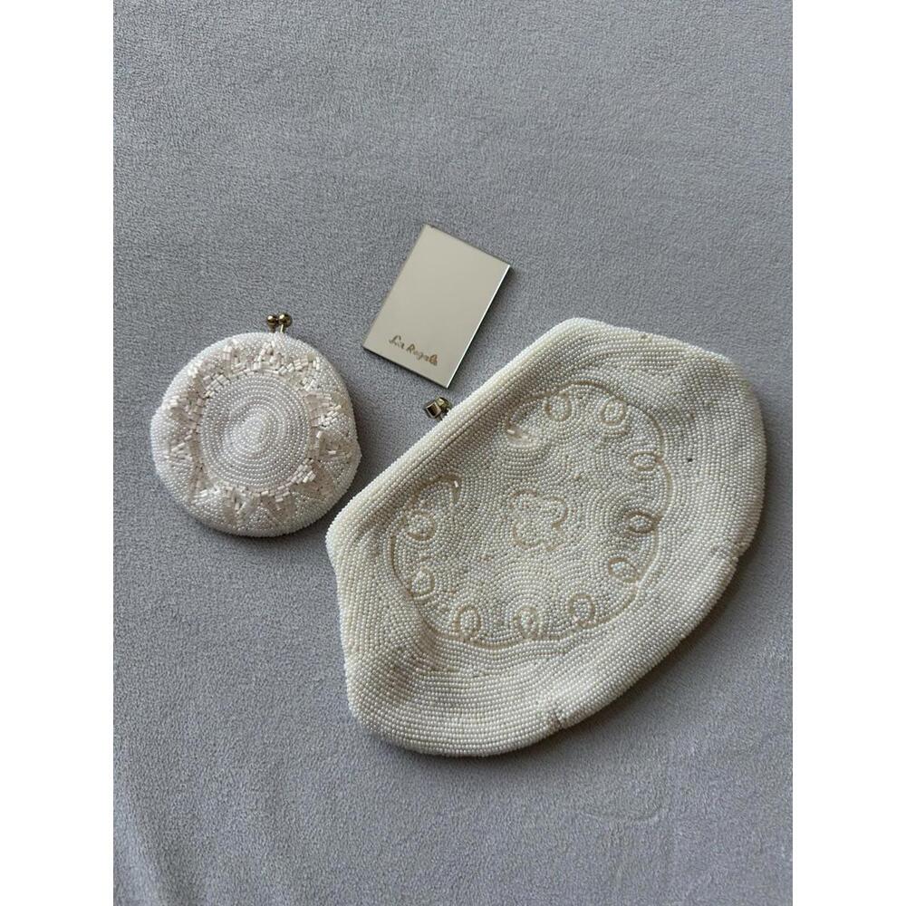 Vintage White Beaded Evening Clutch With Matching Coin Bag,mirror Made in Japan